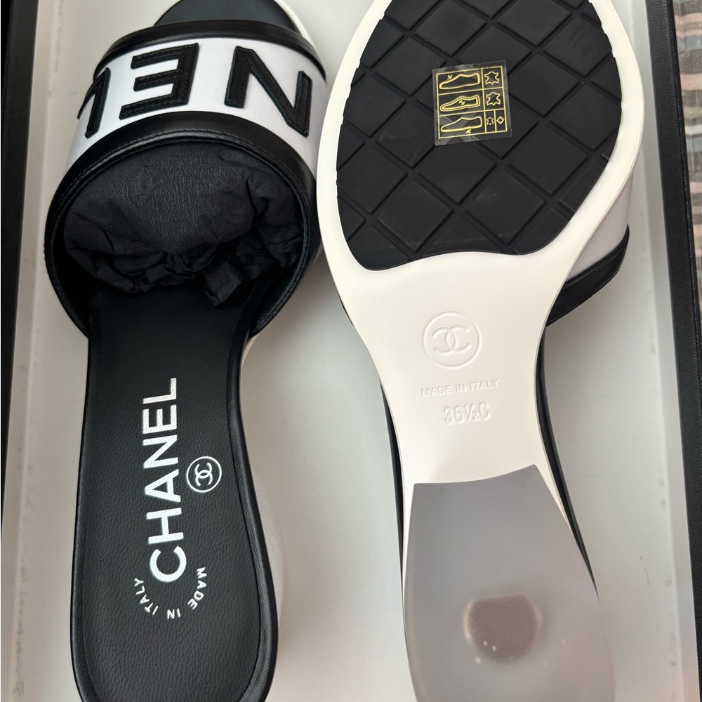 CHANEL Black & White Logo Slide Mules - Picture 6 of 9